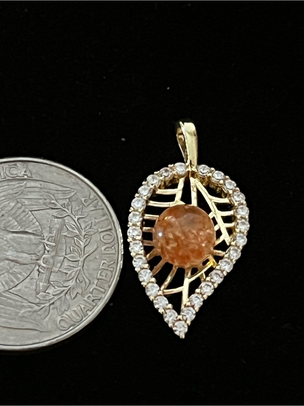 Sunstone Sphere Leaf Pendant | Gold Tone Crystal Leaf | Sparkling Nature Jewelry